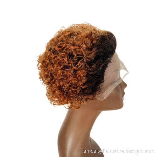 Cheap short pixie curly wig 13x1 real human hair frontal curly wigs for black women human wig wholesale T color